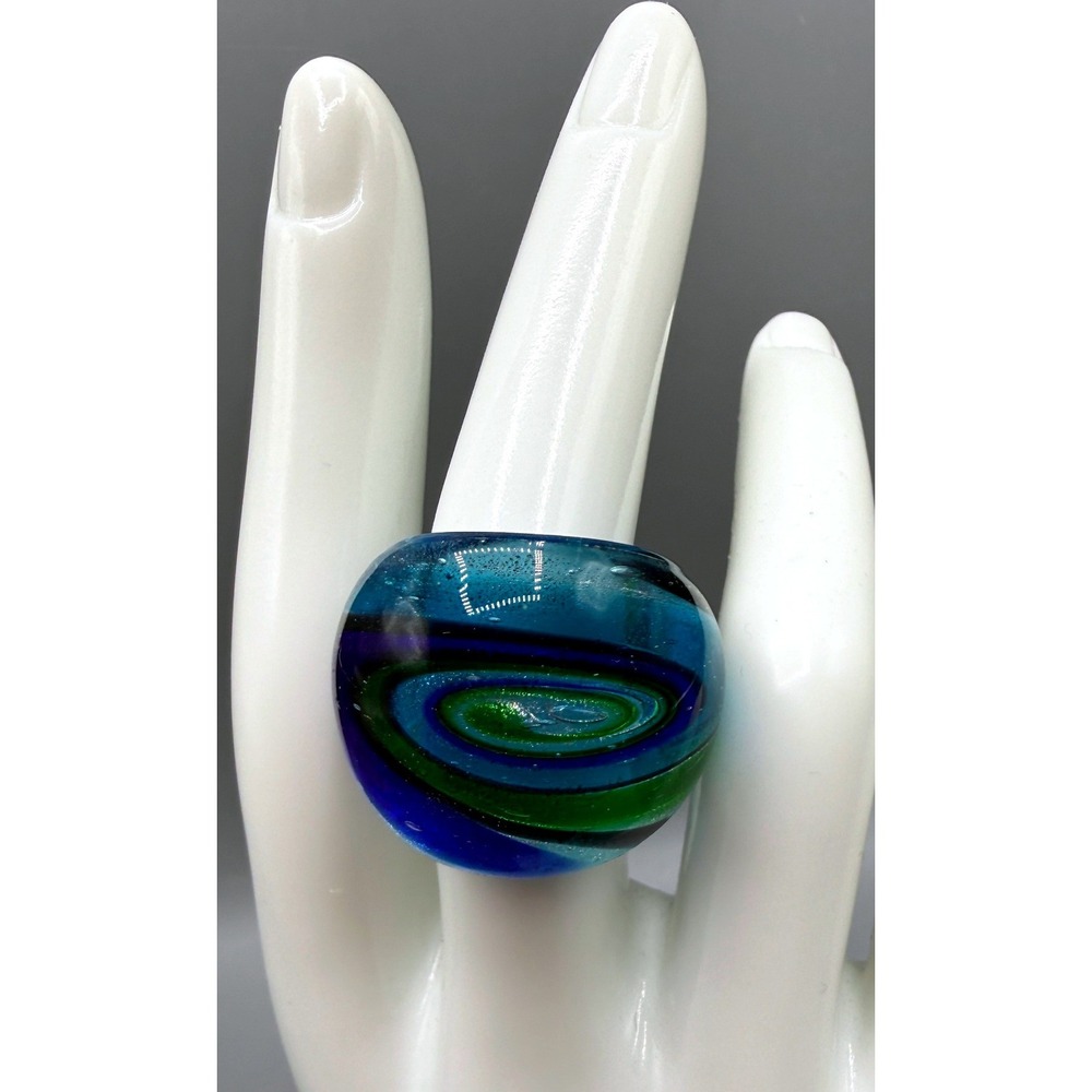 Blue Green Swirl Glass Dome Statement Ring Size 8.5 Chunky Hand Blown Art Glass